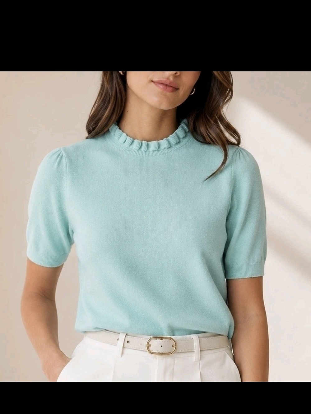 J. Crew Factory Aqua Ruffle Mock-Neck Short Sleeve Knit Top